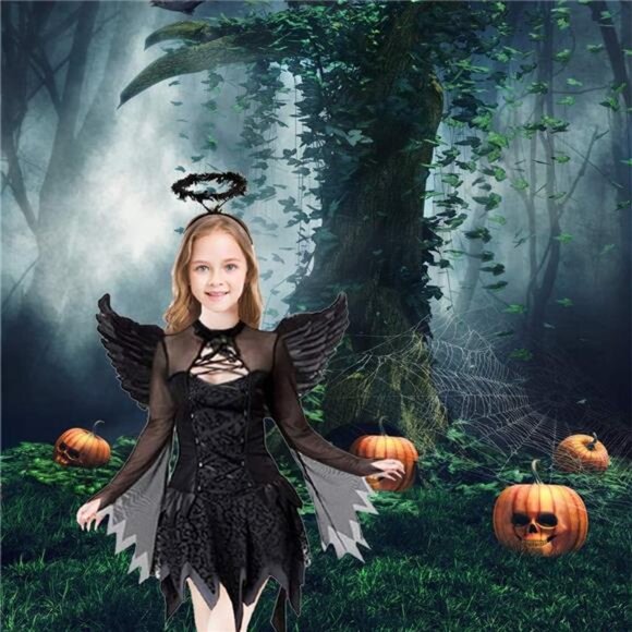 Kids Girls Fallen Angle Costume Black Fancy Party Dress with‎ Headband and Wings - Picture 2 of 4